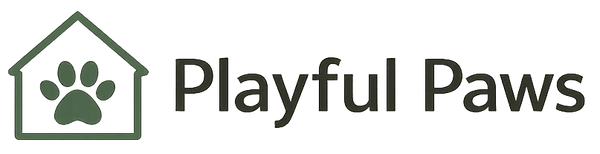 Logo for Playful Paws with a paw print and house icon.