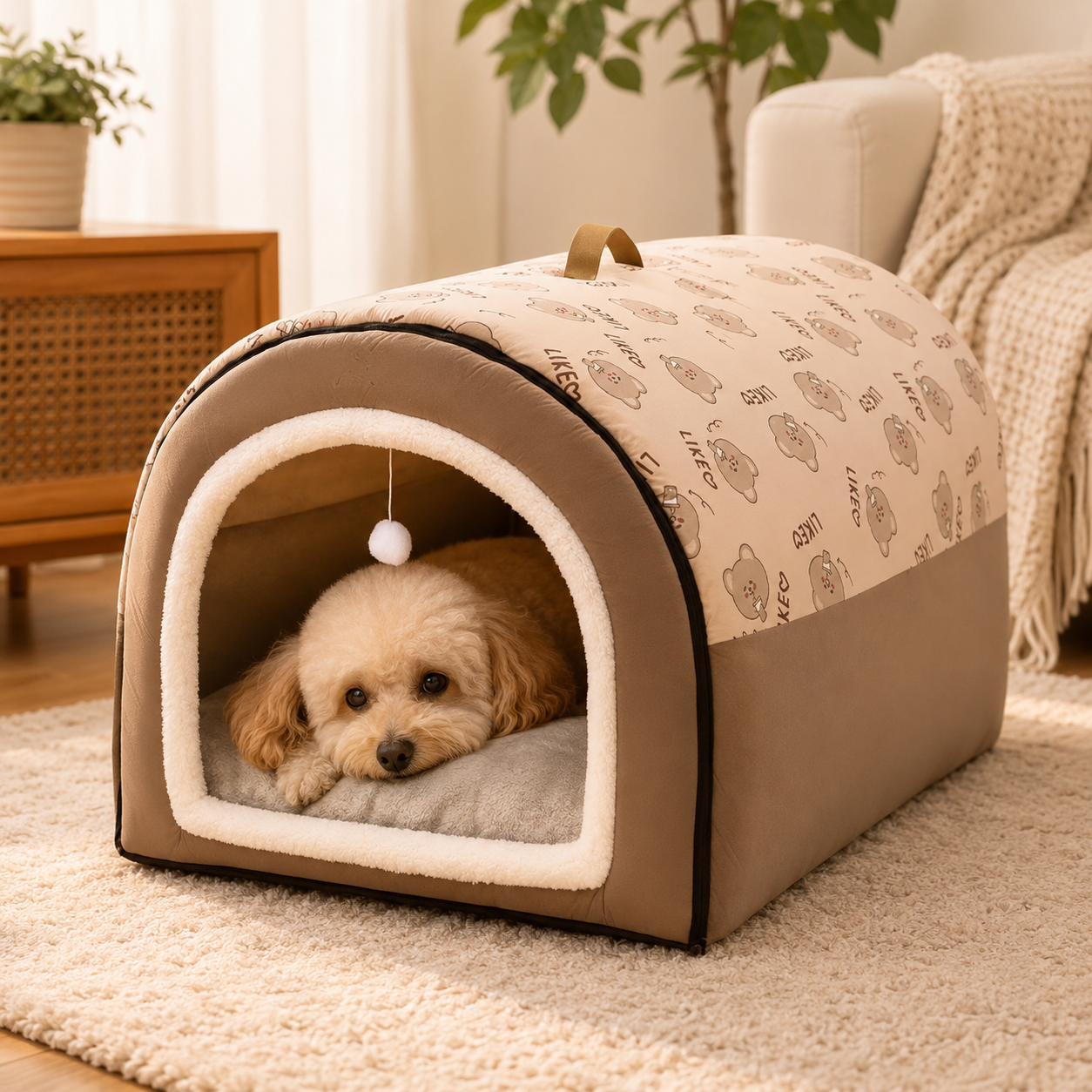 Dog lying in a cozy pet house with a patterned design in a home setting.