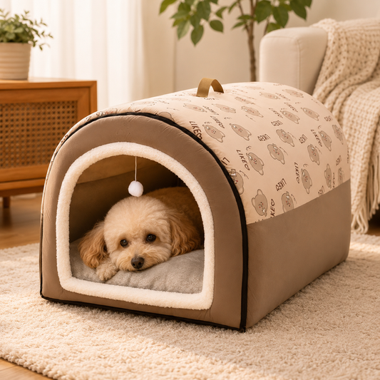 Dog lying in a cozy pet house with a patterned design in a home setting.