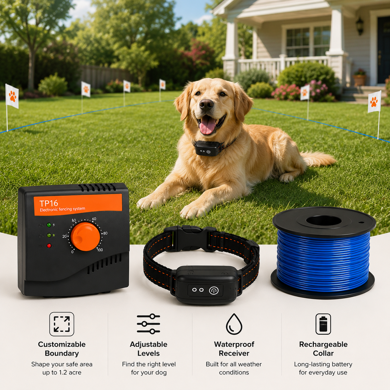 Dog training collar system with receiver, rechargeable battery, and adjustable levels in front of a house.