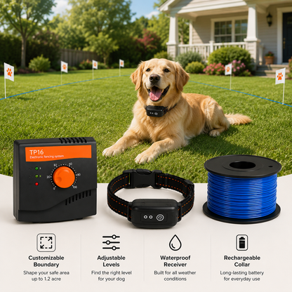 Dog training collar system with receiver, rechargeable battery, and adjustable levels in front of a house.