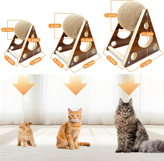 Cat Scratcher Toy,Natural Sisal Rope Cat Scratching Ball Scratcher Toy with Ball for Cats& Kittens&Dogs&Puppy, Interactive Solid Wood Scratcher Pet Toy (Small)
