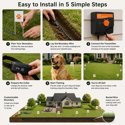 Step-by-step guide on installing a dog boundary system with images and text.