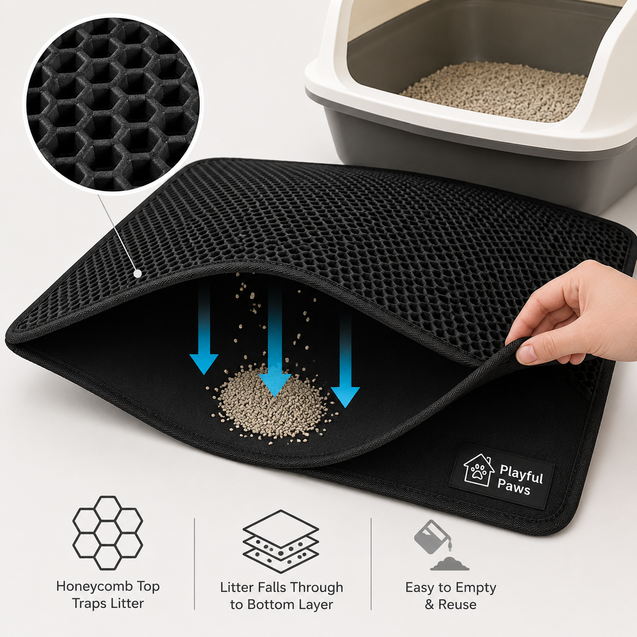 Black cat litter mat with honeycomb design, showing how it traps and collects cat litter.