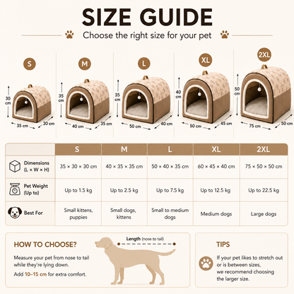 Size guide for pet houses with dimensions and weight capacity