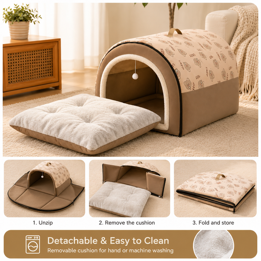 Pet bed with detachable cushion in a living room setting